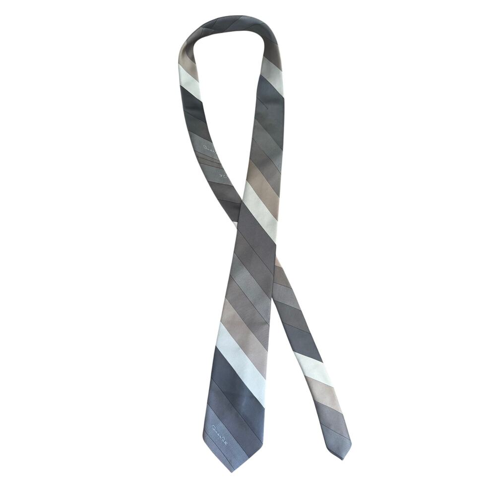 Vintage Oscar de la Renta 80s Designer 100% Silk Grey Beige Striped Neck Tie